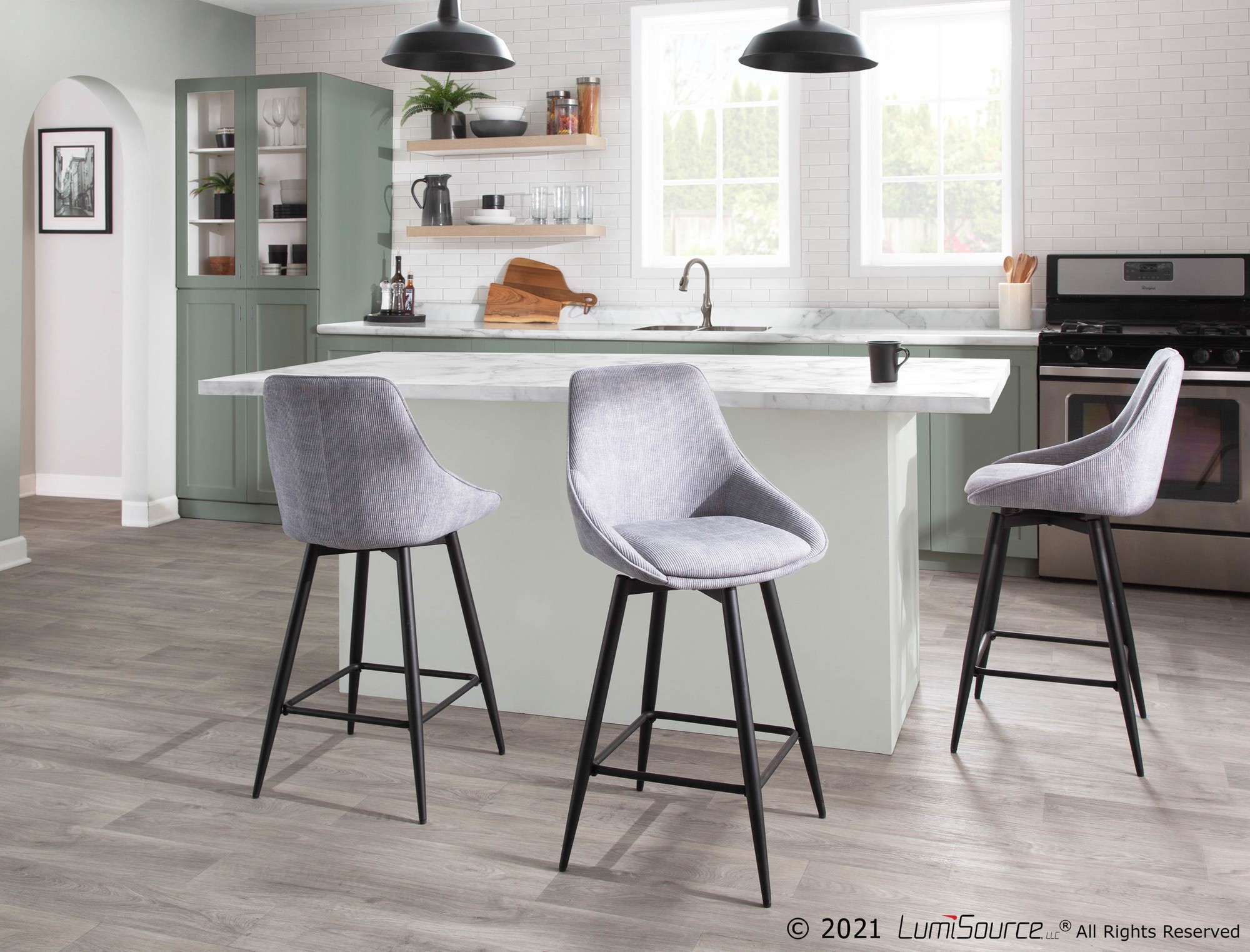 Diana Black Steel Grey Corduroy Contemporary Counter Stools (Set of 2) 3 Diana Black Steel Grey Corduroy Contemporary Counter Stools (Set of 2) - Image 3