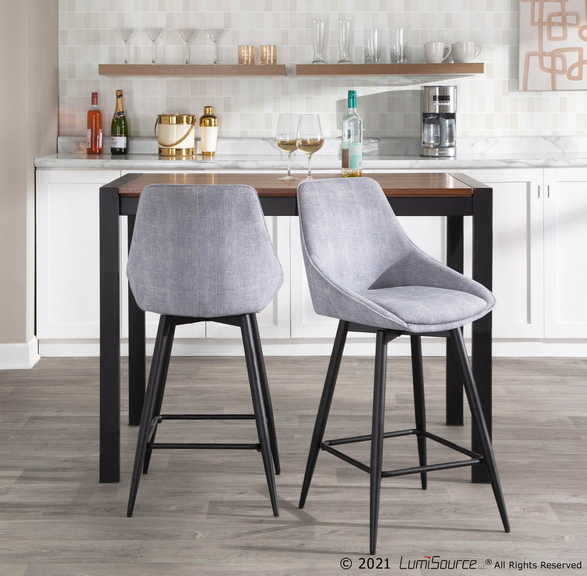 Diana Black Steel Grey Corduroy Contemporary Counter Stools (Set of 2) 4 Diana Black Steel Grey Corduroy Contemporary Counter Stools (Set of 2) - Image 4
