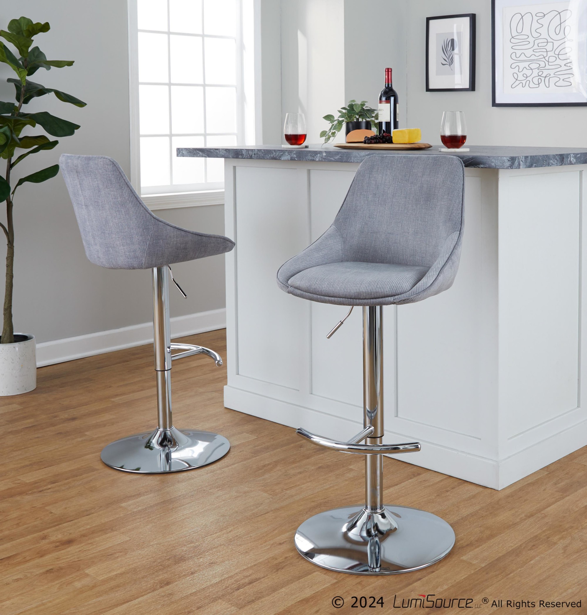 Diana Chrome Grey Corduroy Contemporary Adjustable Bar Stools (Set of 2) 2 Diana Chrome Grey Corduroy Contemporary Adjustable Bar Stools (Set of 2) - Image 2