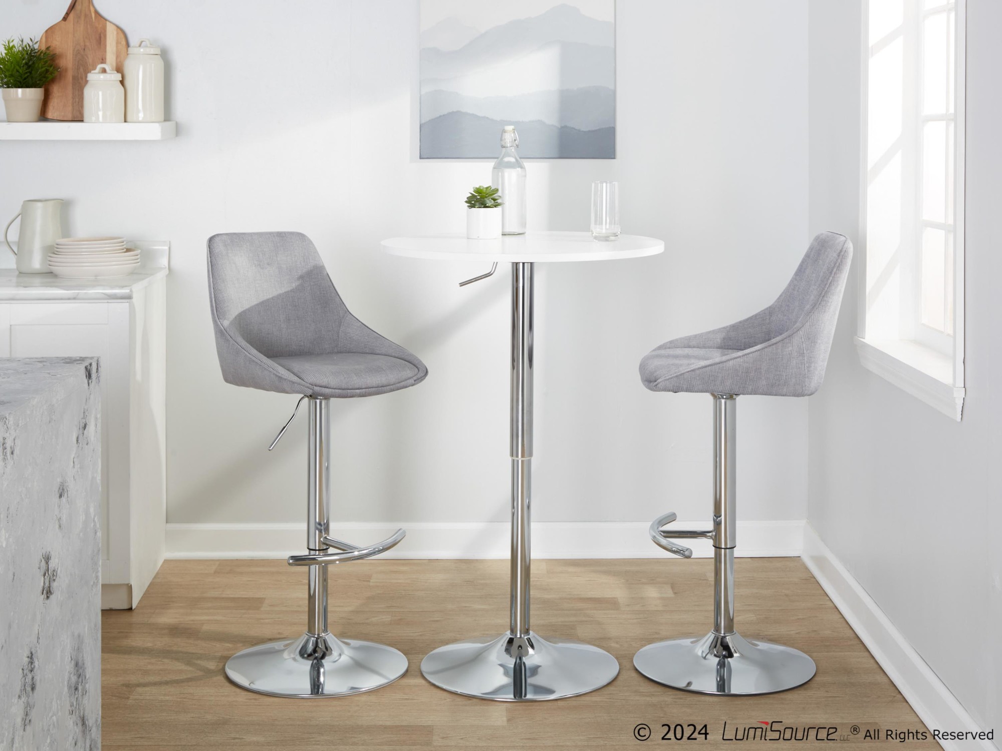Diana Chrome Grey Corduroy Contemporary Adjustable Bar Stools (Set of 2) 4 Diana Chrome Grey Corduroy Contemporary Adjustable Bar Stools (Set of 2) - Image 4