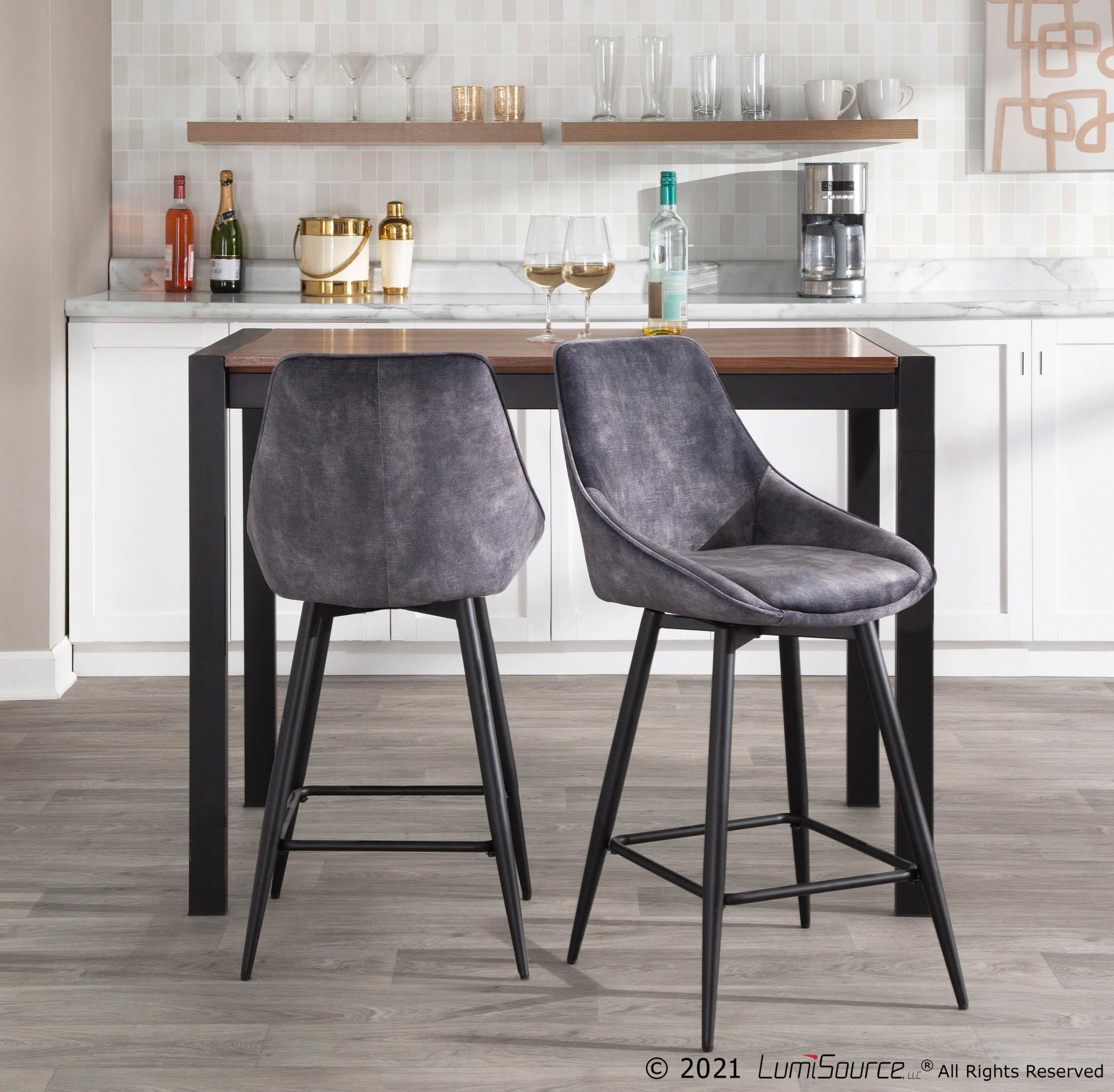 Diana Contemporary Black Steel Grey Velvet Counter Stools (Set of 2) 2 Diana Contemporary Black Steel Grey Velvet Counter Stools (Set of 2) - Image 2