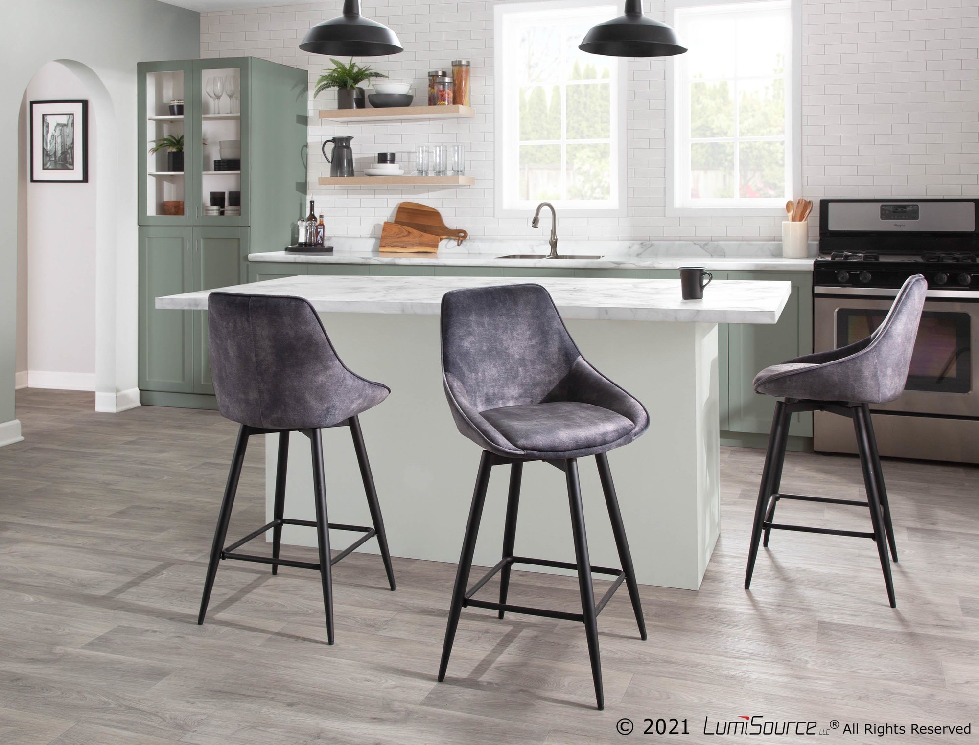 Diana Contemporary Black Steel Grey Velvet Counter Stools (Set of 2) 3 Diana Contemporary Black Steel Grey Velvet Counter Stools (Set of 2) - Image 3