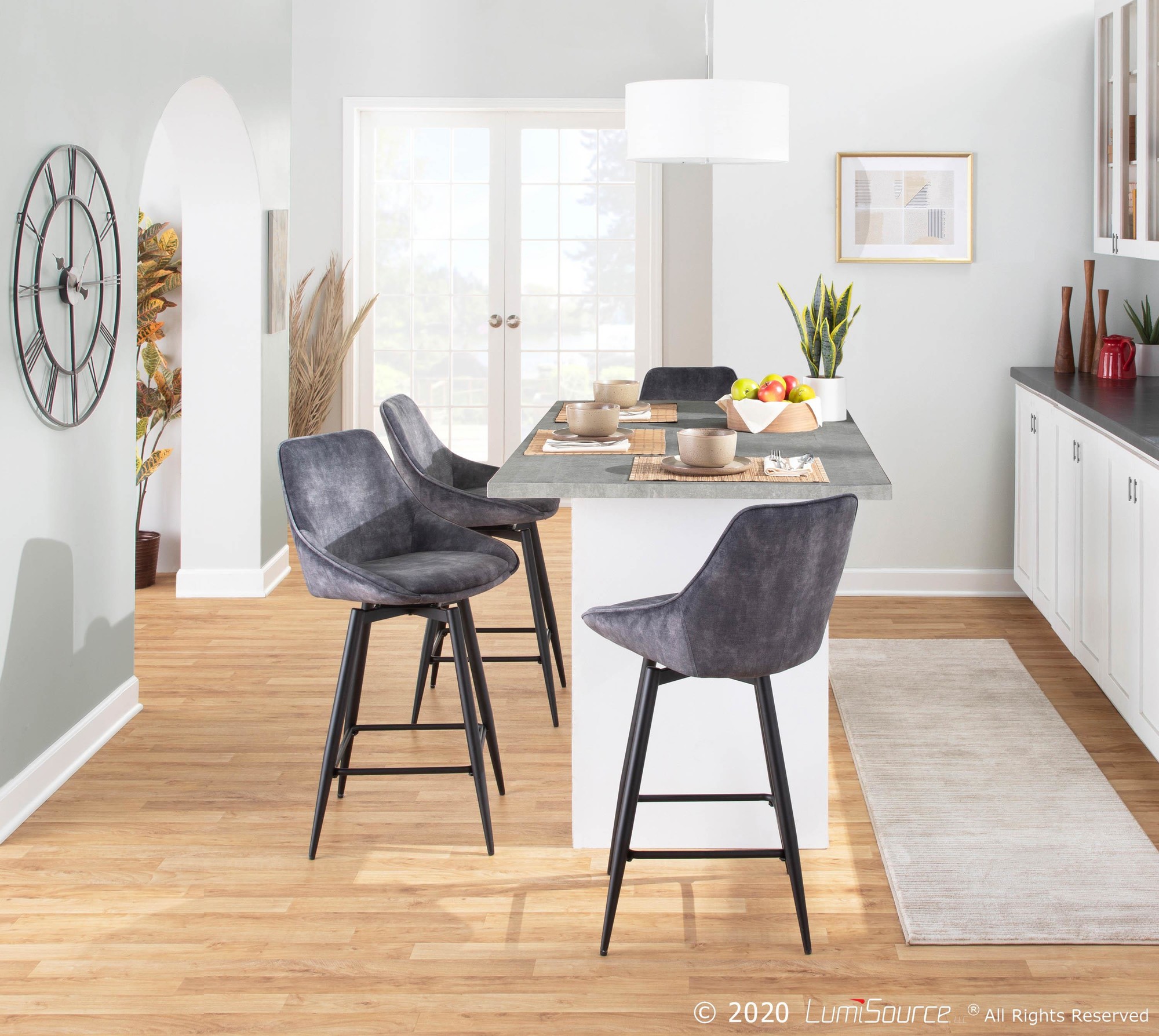 Diana Contemporary Black Steel Grey Velvet Counter Stools (Set of 2) 4 Diana Contemporary Black Steel Grey Velvet Counter Stools (Set of 2) - Image 4