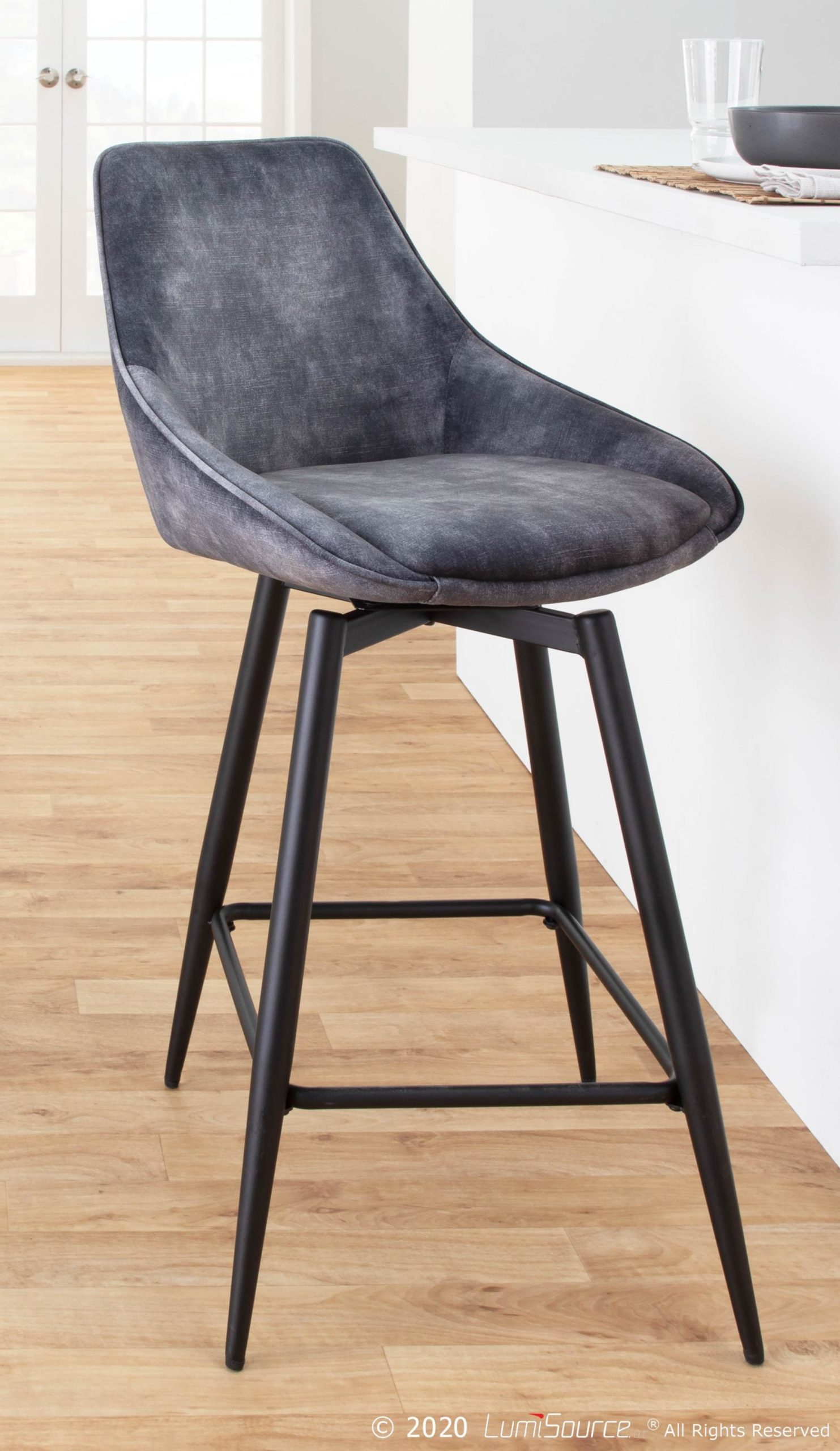 Diana Contemporary Black Steel Grey Velvet Counter Stools (Set of 2) 5 Diana Contemporary Black Steel Grey Velvet Counter Stools (Set of 2) - Image 5