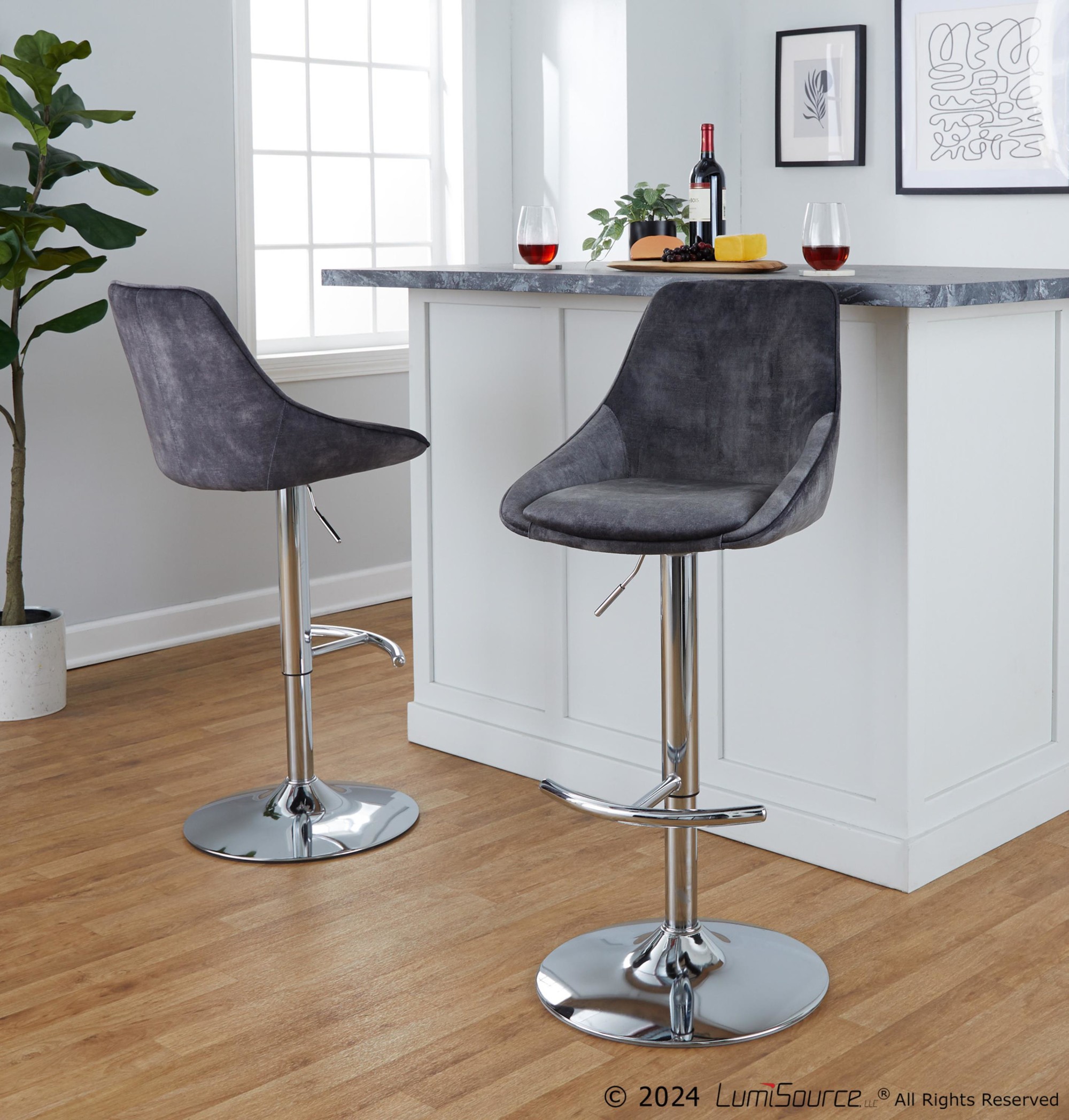 Diana Contemporary Grey Velvet Adjustable Bar Stools (Set of 2) 2 Diana Contemporary Grey Velvet Adjustable Bar Stools (Set of 2) - Image 2