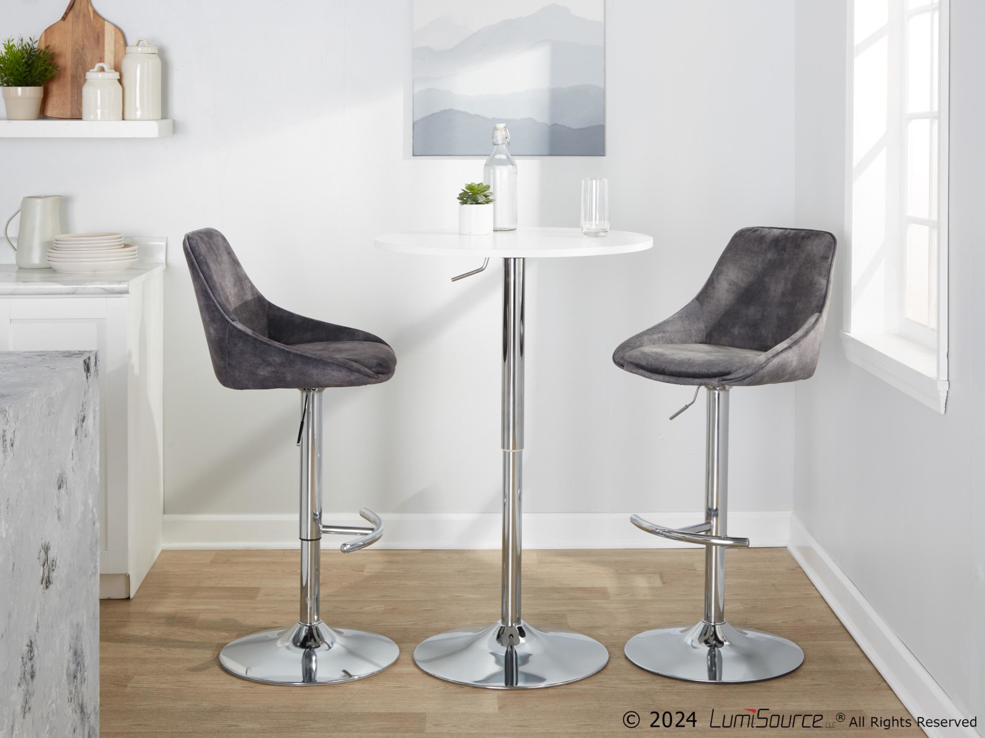 Diana Contemporary Grey Velvet Adjustable Bar Stools (Set of 2) 3 Diana Contemporary Grey Velvet Adjustable Bar Stools (Set of 2) - Image 3