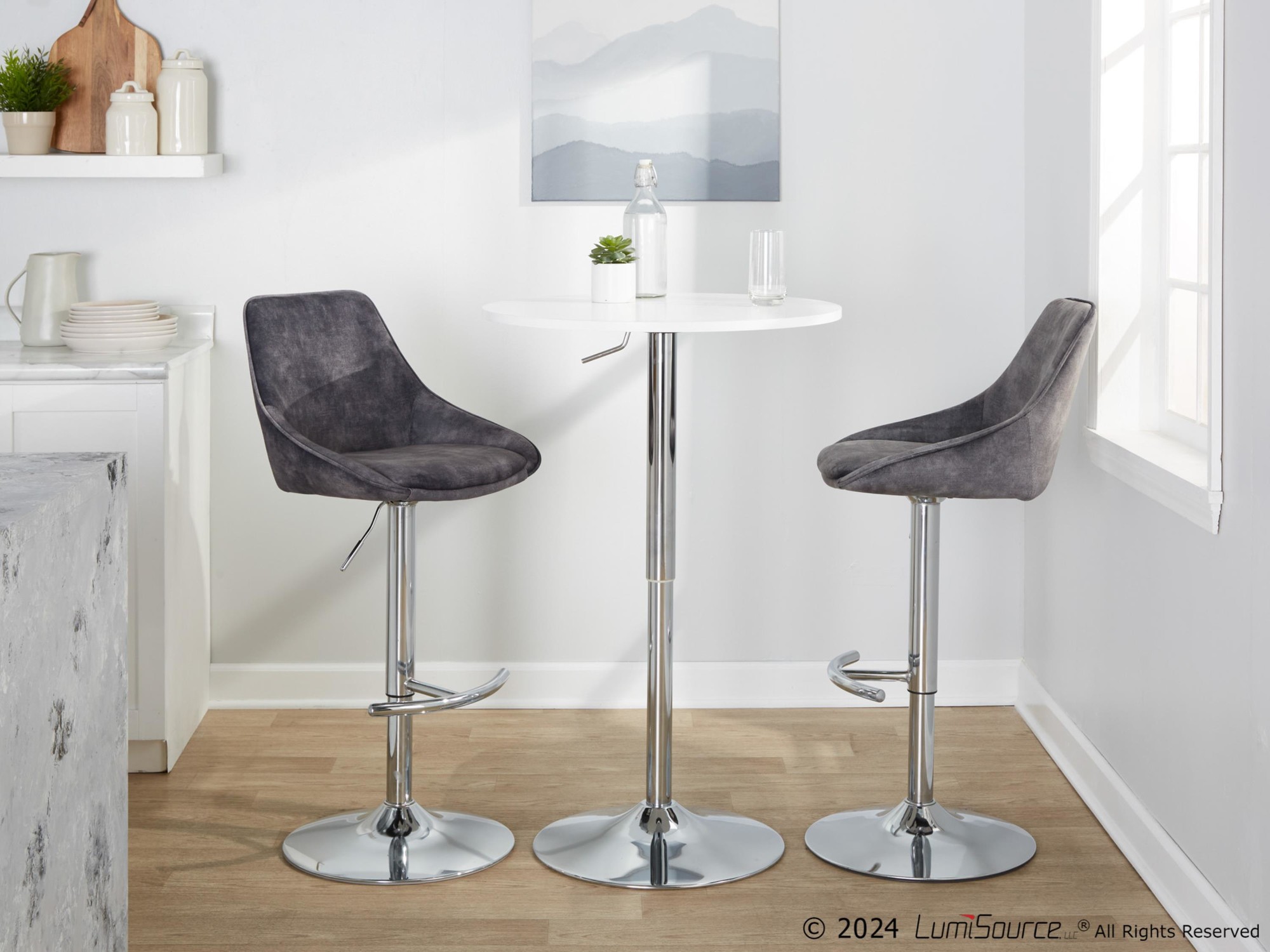 Diana Contemporary Grey Velvet Adjustable Bar Stools (Set of 2) 4 Diana Contemporary Grey Velvet Adjustable Bar Stools (Set of 2) - Image 4