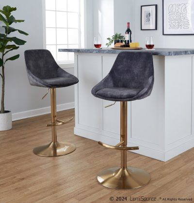 Diana Gold Steel Grey Velvet Contemporary Swivel Bar Stools (Set of 2)