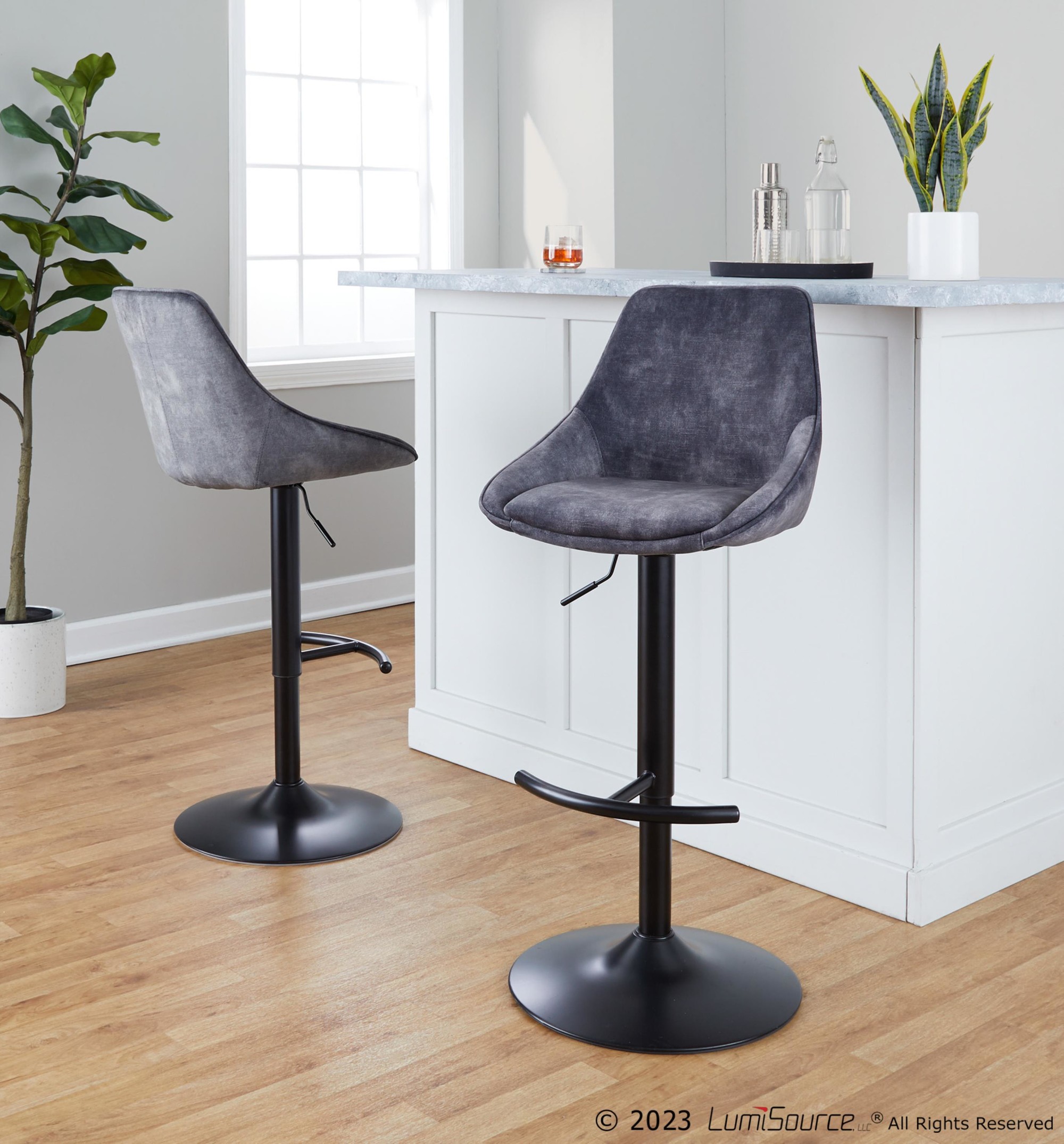 Diana Grey Velvet Contemporary Adjustable Swivel Barstool (Set of 2) 2 Diana Grey Velvet Contemporary Adjustable Swivel Barstool (Set of 2) - Image 2