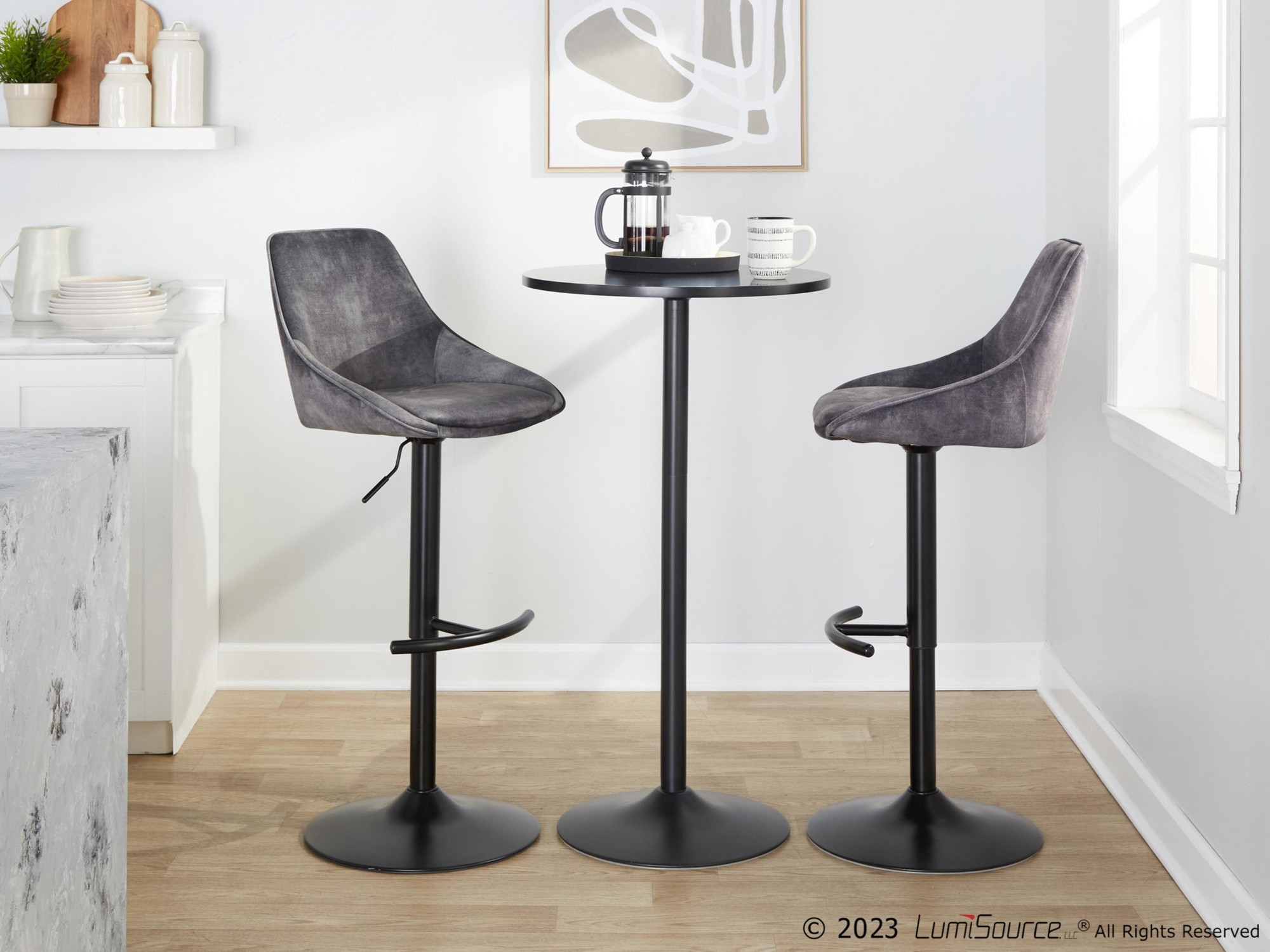 Diana Grey Velvet Contemporary Adjustable Swivel Barstool (Set of 2) 3 Diana Grey Velvet Contemporary Adjustable Swivel Barstool (Set of 2) - Image 3