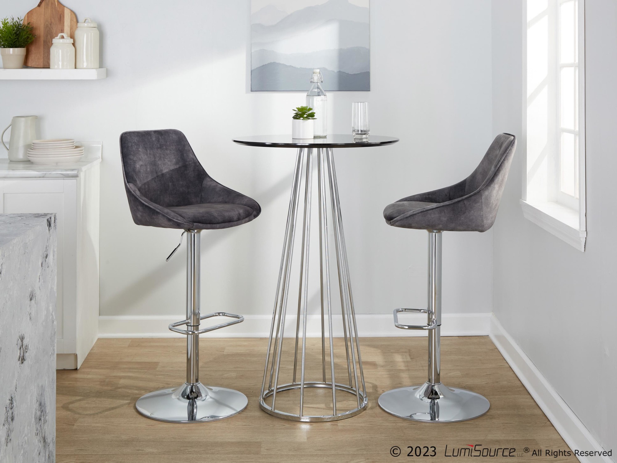 Diana Grey Velvet Contemporary Swivel Adjustable Barstools (Set of 2) 3 Diana Grey Velvet Contemporary Swivel Adjustable Barstools (Set of 2) - Image 3