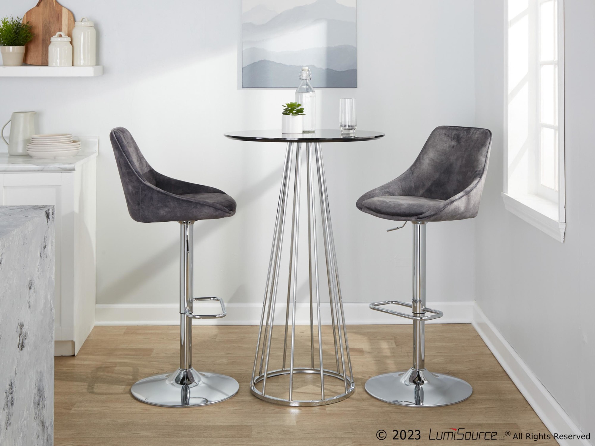 Diana Grey Velvet Contemporary Swivel Adjustable Barstools (Set of 2) 4 Diana Grey Velvet Contemporary Swivel Adjustable Barstools (Set of 2) - Image 4