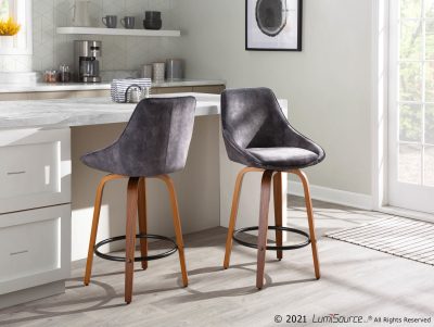Diana Walnut Wood Grey Velvet Contemporary Counter Stools (Set of 2)