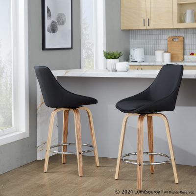 Diana Zebra Wood Black Faux Leather 26" Swivel Stools (Set of 2)