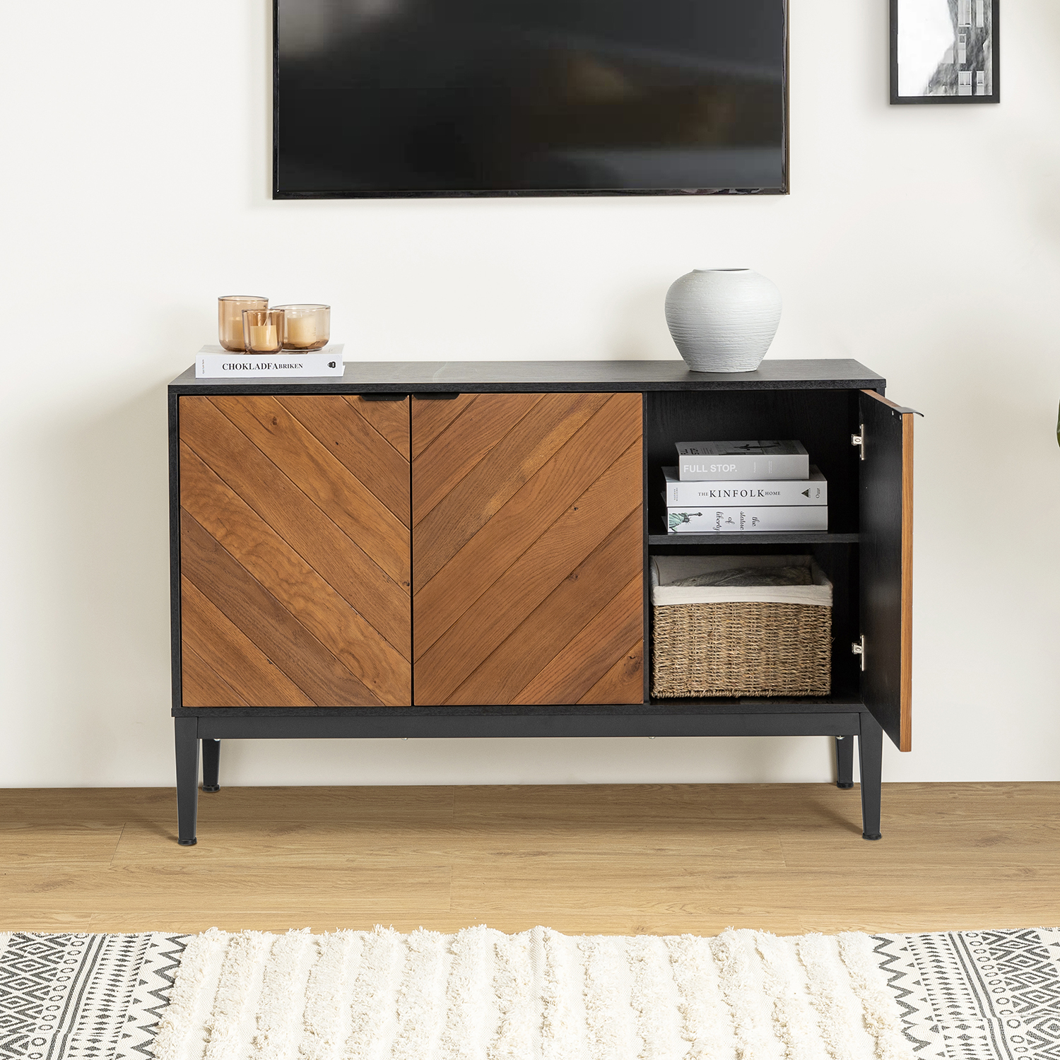 Dick Black 3-Door Herringbone Pattern Sideboard with Adjustable Shelf 4 Dick Black 3-Door Herringbone Pattern Sideboard with Adjustable Shelf - Image 4