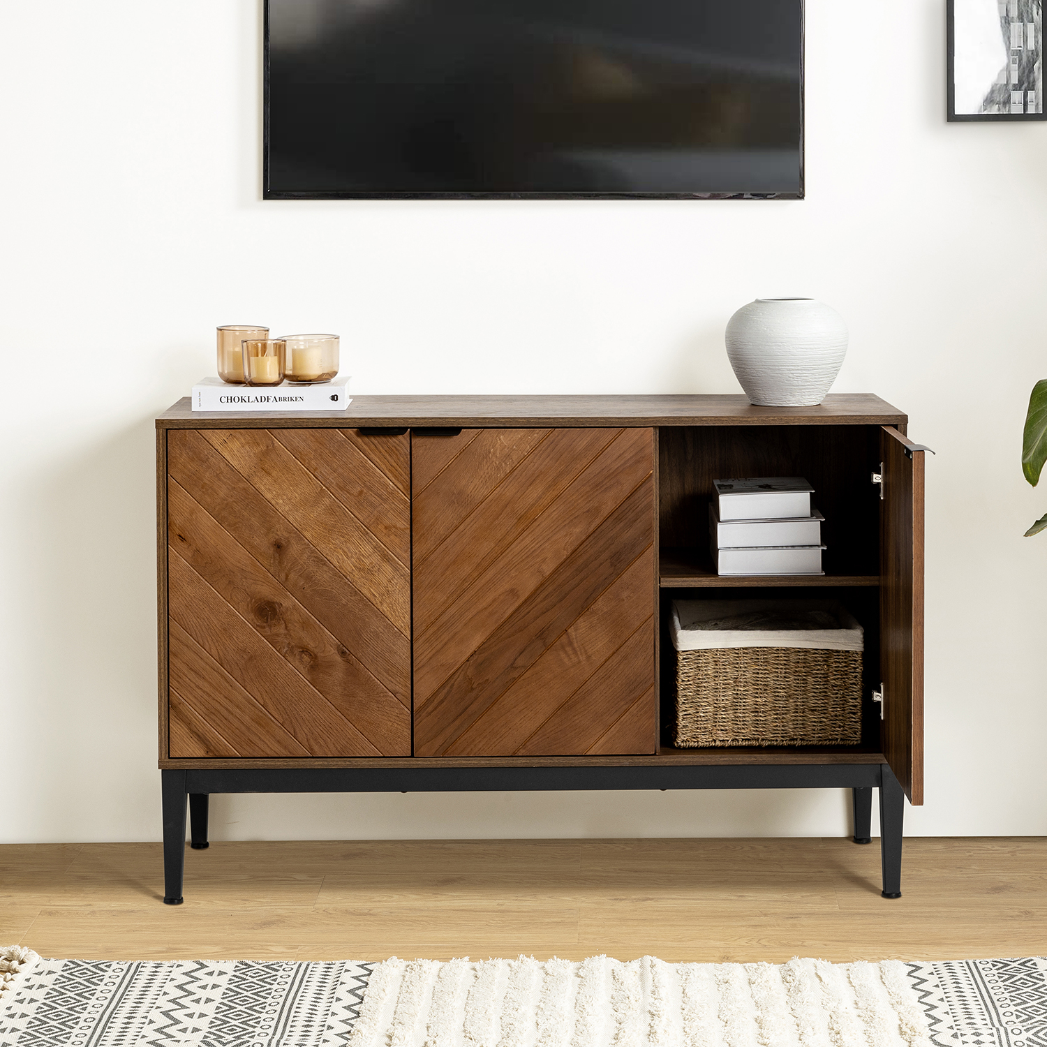 Dick Walnut Herringbone 3-Door Modern Sideboard 3 Dick Walnut Herringbone 3-Door Modern Sideboard - Image 3