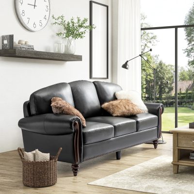 Dietmar Black Genuine Leather Traditional Style Living Room Sofa