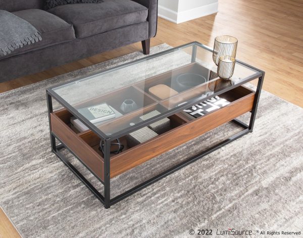 Display Contemporary Black Metal Walnut and Glass Coffee Table 1