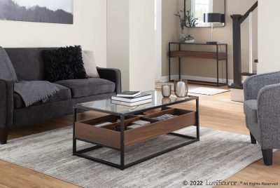 Display Contemporary Black Metal Walnut and Glass Coffee Table