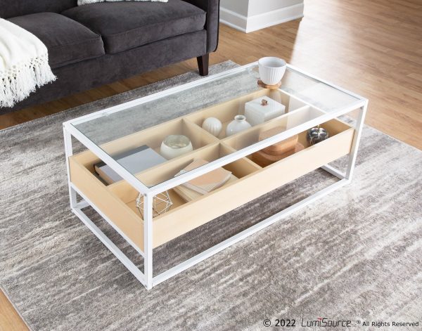 Display Contemporary Coffee Table White Metal Natural Wood Glass 1