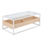 Display Contemporary Coffee Table White Metal Natural Wood Glass