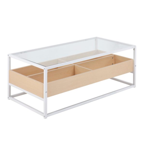 Display Contemporary Coffee Table White Metal Natural Wood Glass 2