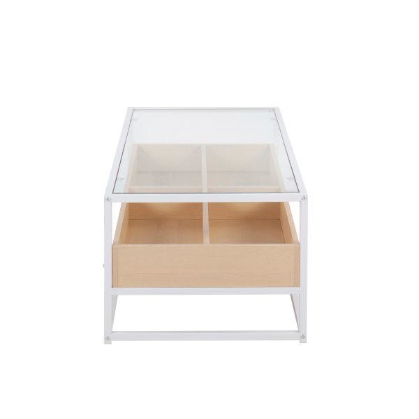 Display Contemporary Coffee Table White Metal Natural Wood Glass 3
