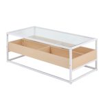 Display Contemporary Coffee Table White Metal Natural Wood Glass