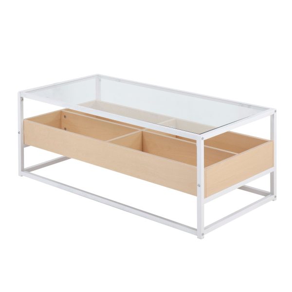 Display Contemporary Coffee Table White Metal Natural Wood Glass 4