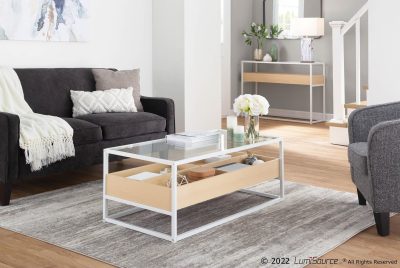 Display Contemporary Coffee Table White Metal Natural Wood Glass