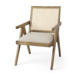 Donna Light Brown Wood Cane-Back w/ Beige Upholstered Seat Accent Chair