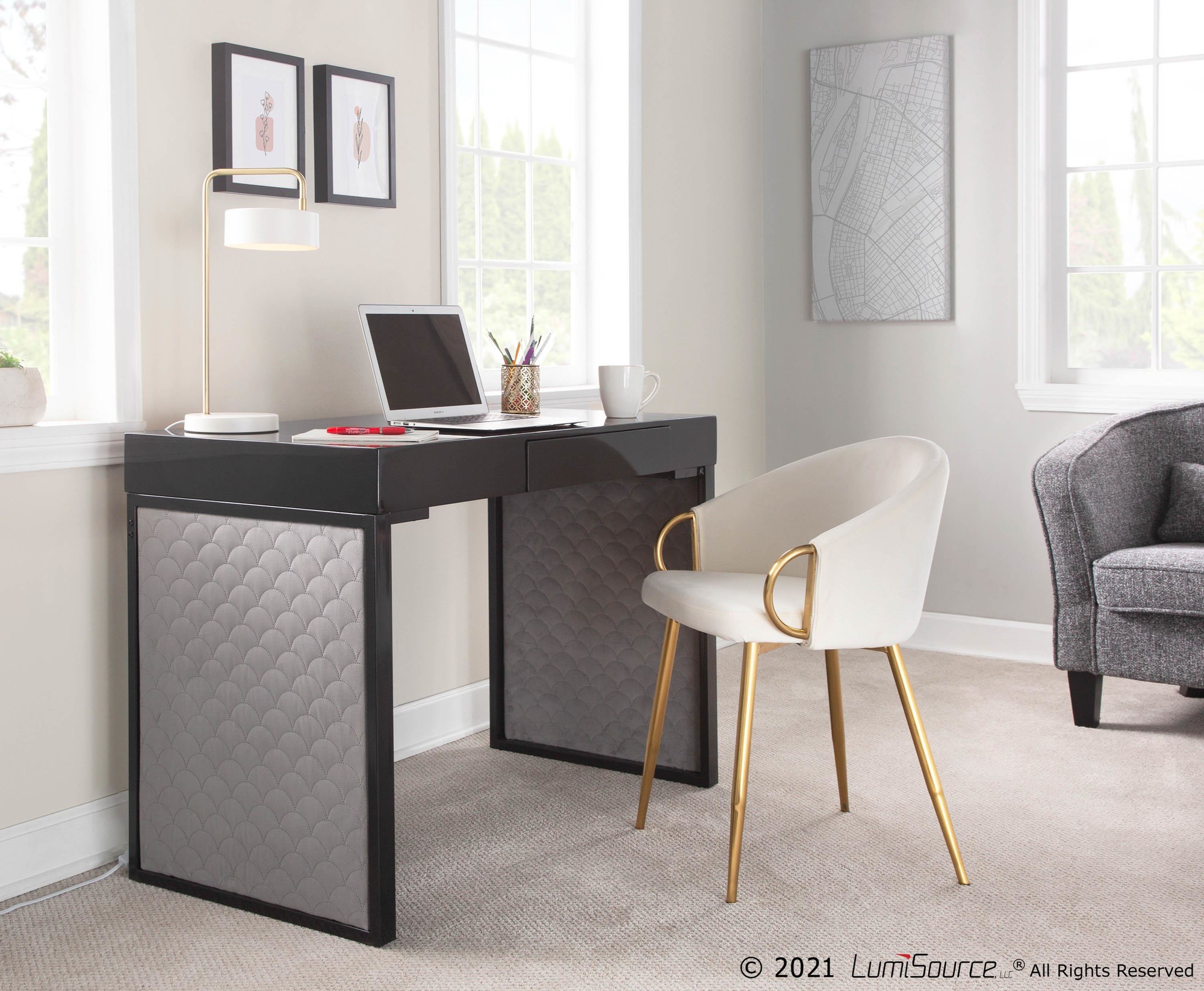 Drift Contemporary Black Upholstered Desk with Silver Velvet 1 Drift Contemporary Black Upholstered Desk with Silver Velvet
