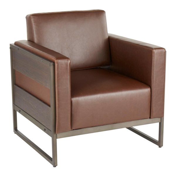 Drift Industrial Brown Faux Leather Lounge Chair Antique Metal Espresso Wood