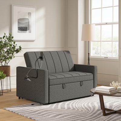 Duane Charcoal Linen Look Pull-Out Sleeper Sofa with USB