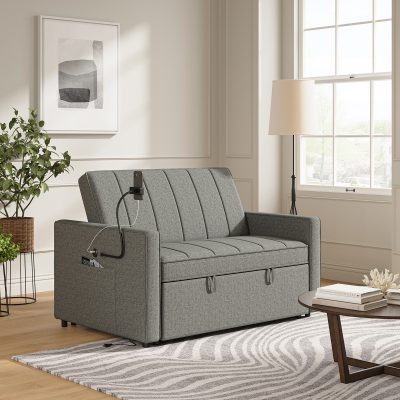 Duane Grey Linen Look Fabric Pull-Out Sleeper Sofa