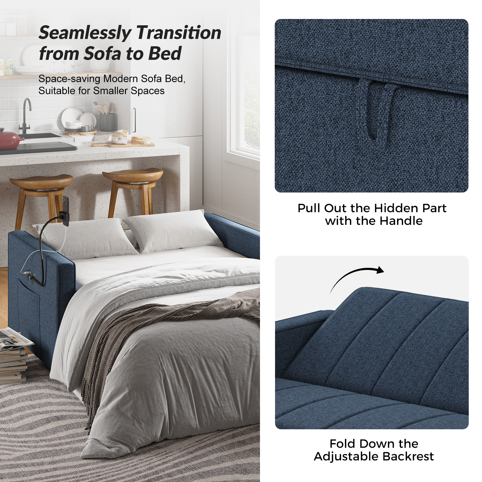 Duane Navy Linen Look Fabric Pull Out Sleeper Sofa 5 Duane Navy Linen Look Fabric Pull Out Sleeper Sofa - Image 5