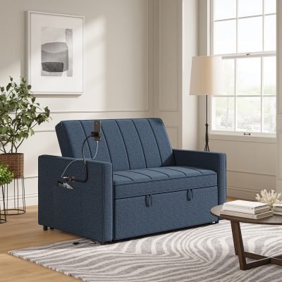 Duane Navy Linen Look Fabric Pull Out Sleeper Sofa