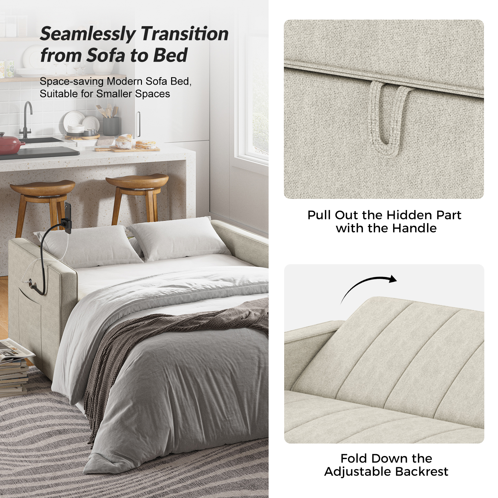 Duane Oatmeal Linen Look Fabric Pull-Out Sleeper Sofa 5 Duane Oatmeal Linen Look Fabric Pull-Out Sleeper Sofa - Image 5