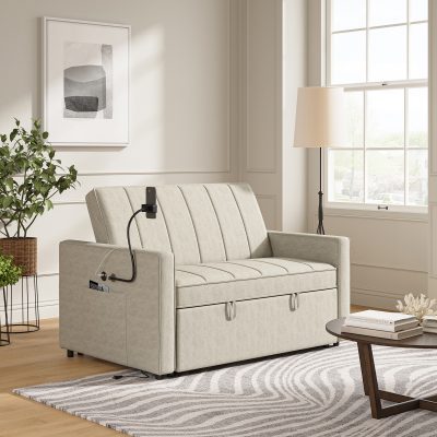 Duane Oatmeal Linen Look Fabric Pull-Out Sleeper Sofa