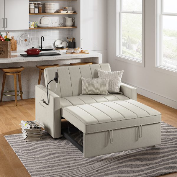 Duane White Linen Look Fabric Pull Out Sleeper Sofa 2
