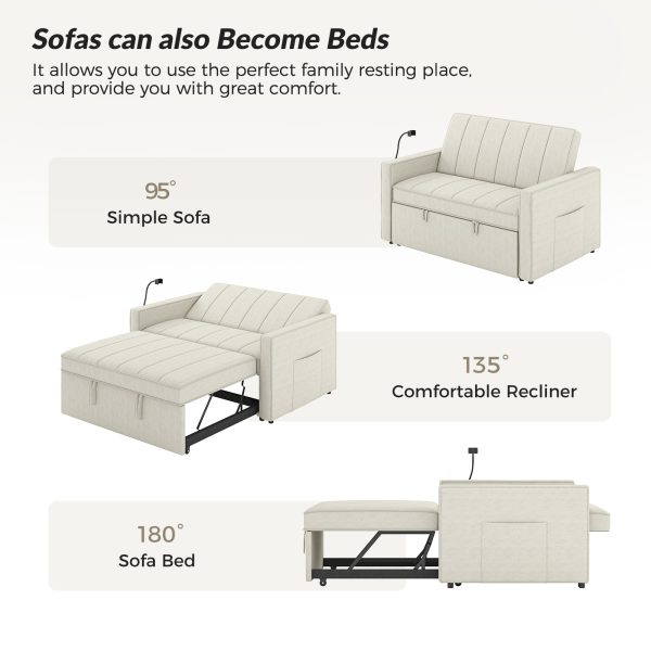 Duane White Linen Look Fabric Pull Out Sleeper Sofa 3