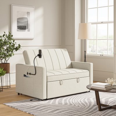 Duane White Linen Look Fabric Pull-Out Sleeper Sofa
