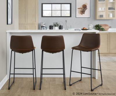 Duke 30 Industrial Black Metal Espresso Faux Leather Barstool