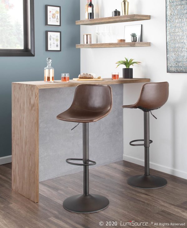 Duke Industrial Antique Metal Brown Faux Leather Adjustable Barstool Set of 2
