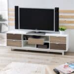 Modern White 70-Inch TV Stand with Natural Wood Accents 5 Modern White 70-Inch TV Stand with Natural Wood Accents
