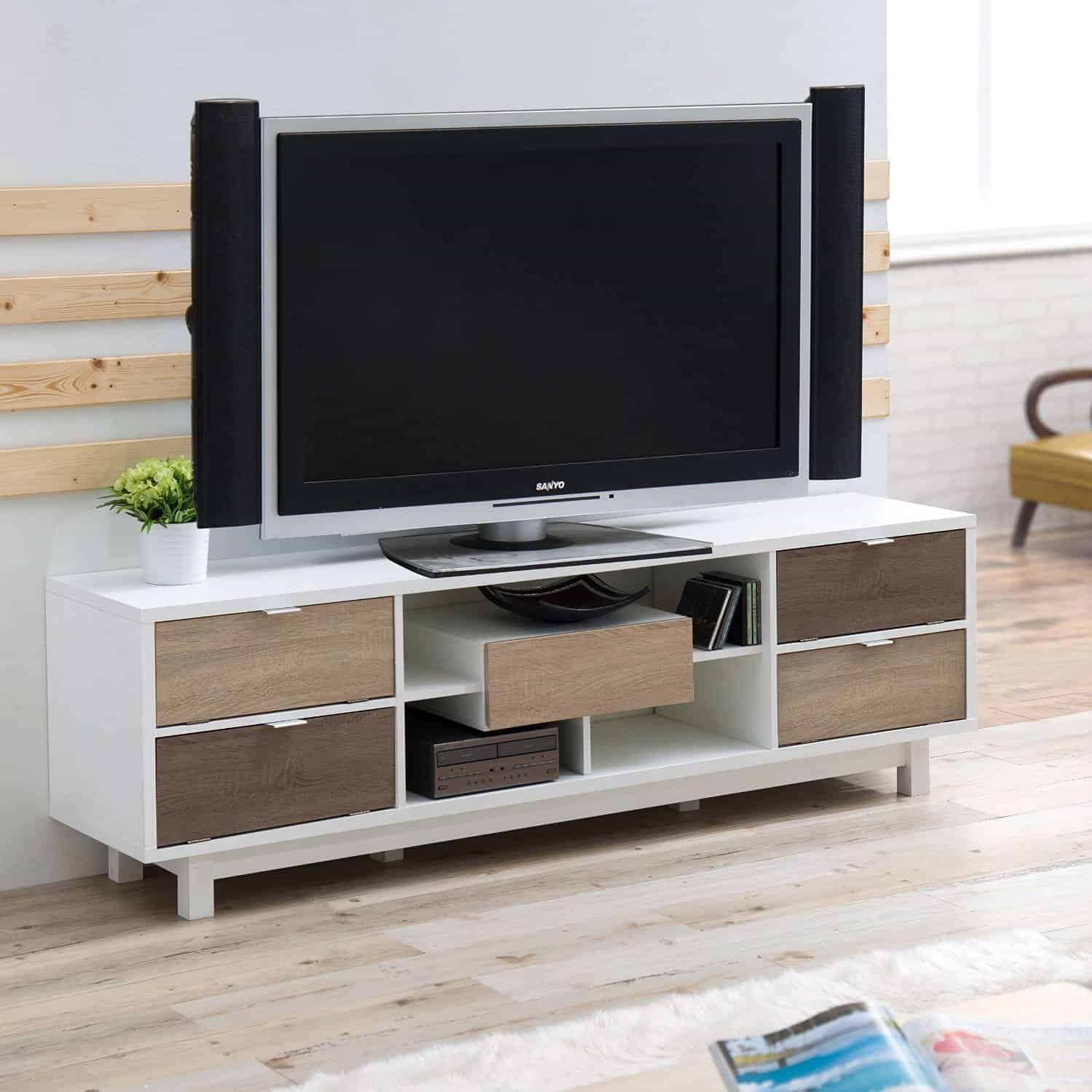 Modern White 70-Inch TV Stand with Natural Wood Accents 3 Modern White 70-Inch TV Stand with Natural Wood Accents - Image 3