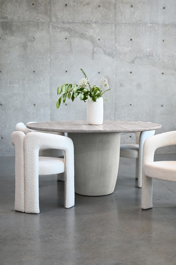 ERDEN Round Silver Grey Travertine Dining Table Cement Base 1 2