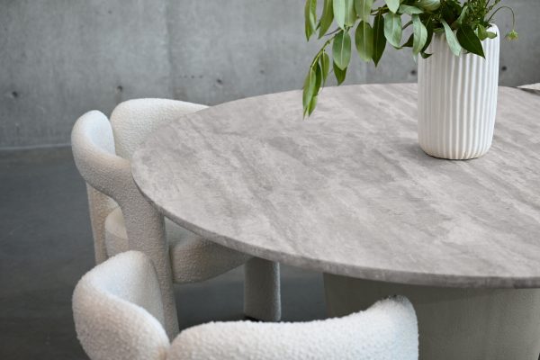 ERDEN Round Silver Grey Travertine Dining Table Cement Base 2 2