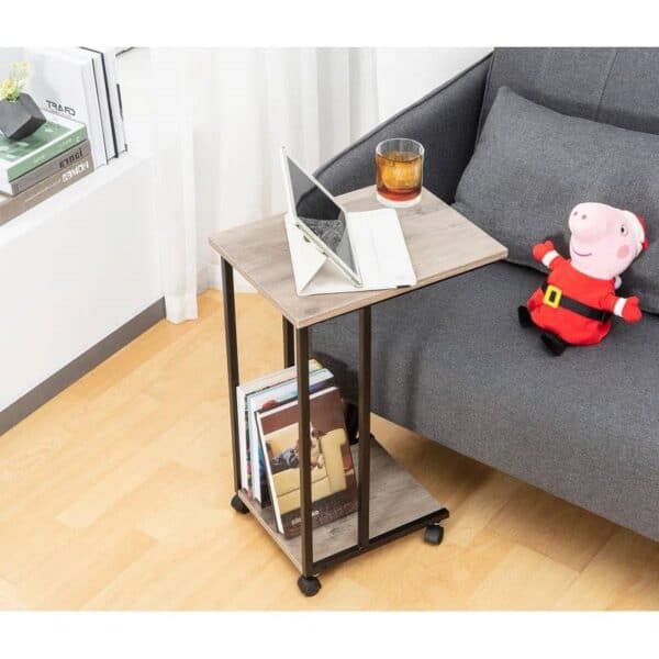 Modern Industrial Metal Wood End Table with Rolling Casters