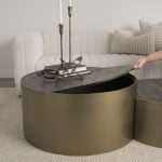Eclipse Antique Brass Metal Drum Base w/ Dark Brown Wood Top Nested Coffee Table